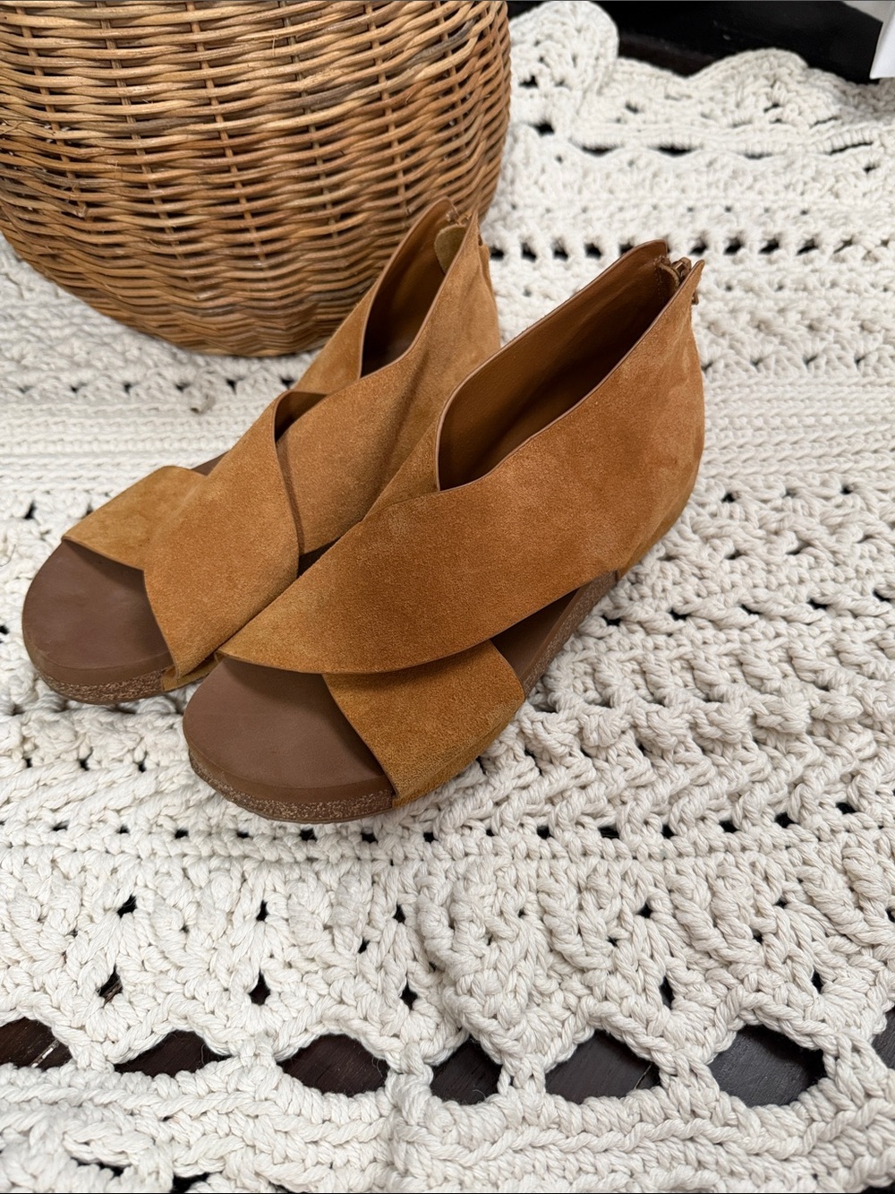 Volatile Tan Leather Suede Crisscross Wedge Sandals